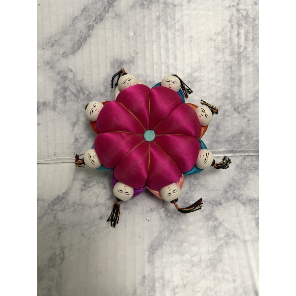 Vintage Vibrant Chinese Pin Cushion 8 Little Men Holding Hands Hot Pink Magenta